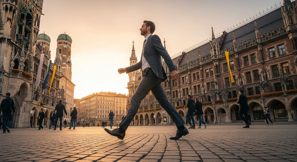 Munich professional walking through the city with fitness tracker
